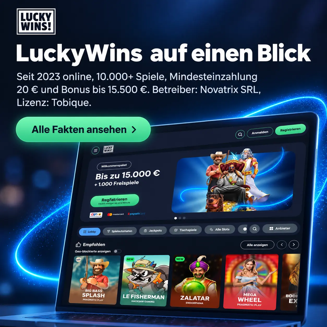 Steckbrief zu Lucky Wins: Betreiber Novatrix SRL, Tobique-Lizenz, Startjahr 2023, Spielangebot und Bonus