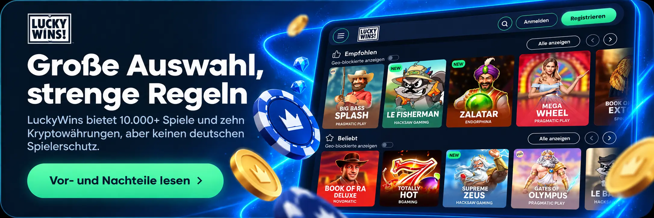 Vorteile und Nachteile im Lucky Wins online Casino: Spielauswahl, Zahlungen, Umsatzbedingungen
