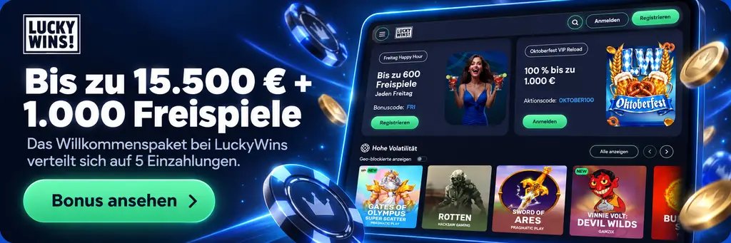Bonusübersicht Lucky Wins io: fünf Einzahlungsstufen mit bis zu 15.500 € und 1.000 Freispielen