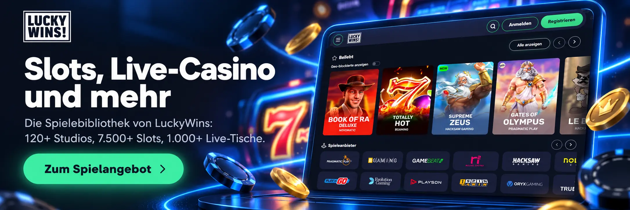 Spielebibliothek im Casino Lucky Wins mit Slots, Live-Casino, Tischspielen und Crash-Games
