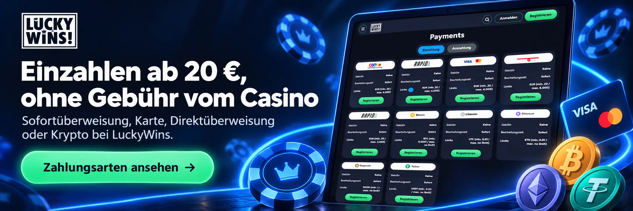 Zahlungsarten bei LuckyWins! Casino: Sofortüberweisung, Karten, E-Wallets und Kryptowährungen