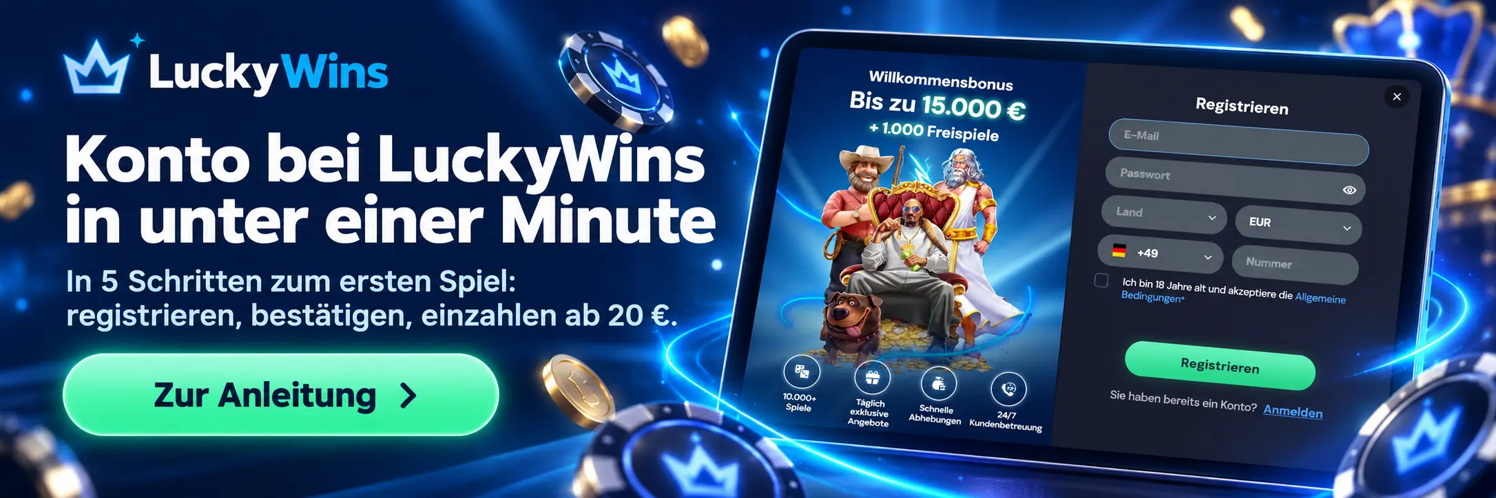 Anmeldung bei Lucky Wins: Registrierung in fünf Schritten vom Konto bis zur ersten Einzahlung